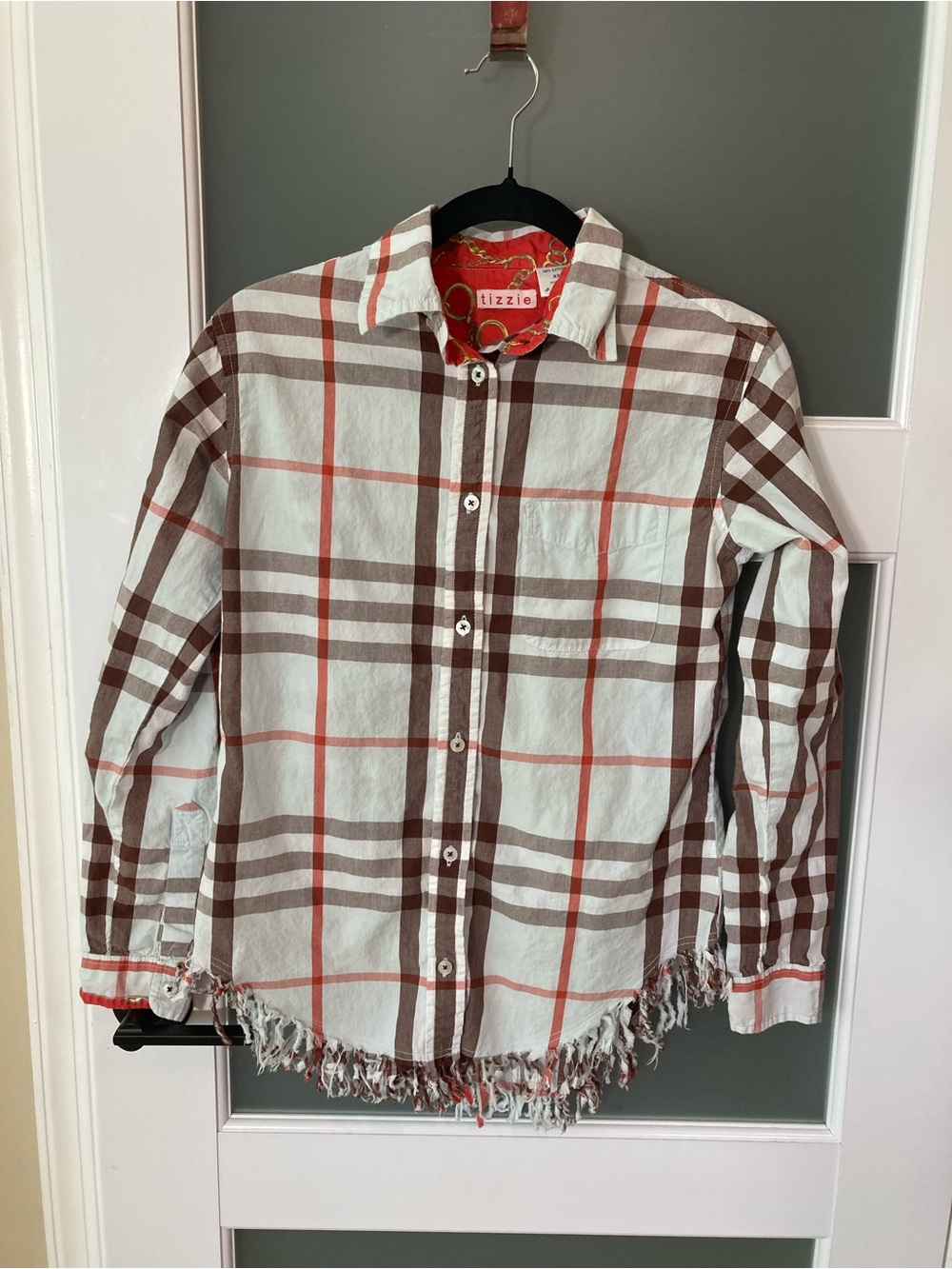 Tizzie Brown, Orange and White Plaid Button Down Shirt - Frayed Fringe - XS